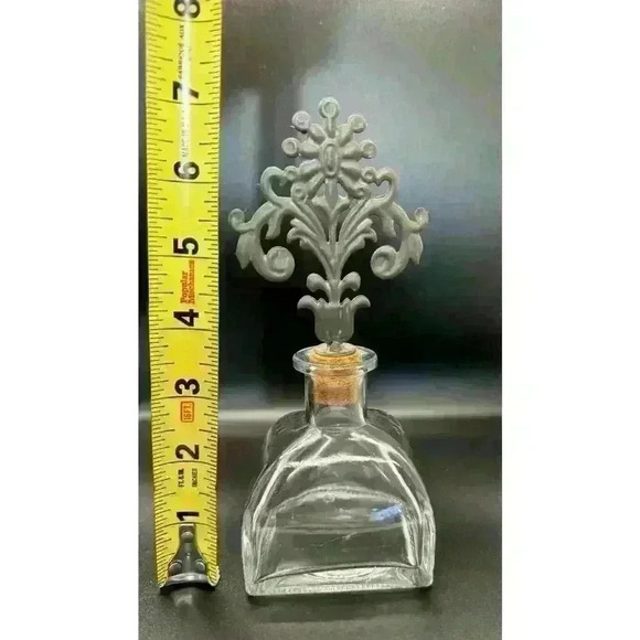 Perfume Bottle with Handblown Wide Glass Base, Metal Floral Accent Cork Stopper - Picture 5 of 8